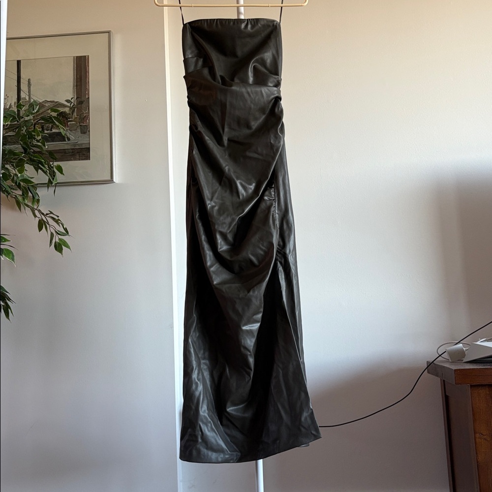 Zara Strapless Long Black Faux-Leather Gown